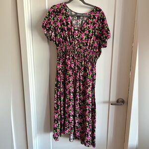 Modcloth midi dress raspberry print smocked waist a line dress, size L
